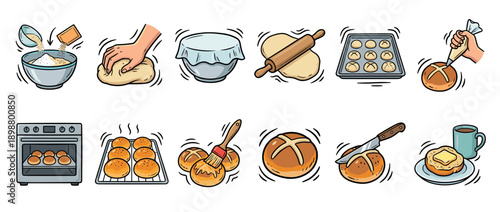 Baking process illustration set showing steps for making homemade hot cross buns from scratch, including kneading dough, baking in an oven, and glazing the finished bread