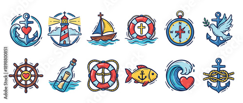 Collection of colorful Christian nautical icons featuring an anchor, lighthouse, cross, and dove in a hand-drawn cartoon style for religious and faith-based concepts