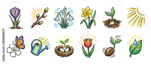 Collection of hand-drawn spring season icons featuring a crocus, tulip, daffodil, sprouting seed, butterfly, and bird's nest in a colorful artistic doodle illustration