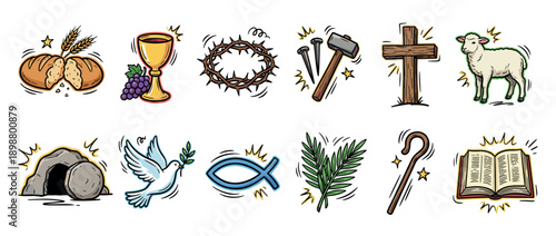 Set of hand-drawn Christian religious symbols for Easter including the cross, crown of thorns, empty tomb, and lamb, depicted in a colorful doodle illustration style