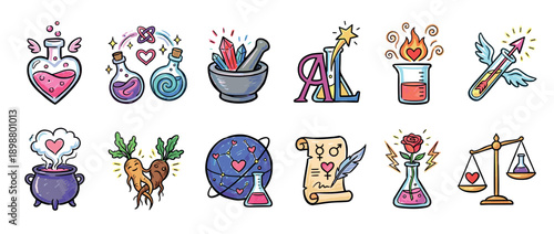 Set of colorful love alchemy icons featuring magical potions, flasks, hearts, crystals, and cauldrons in a whimsical hand-drawn doodle style for romantic concepts