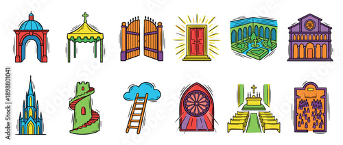 Colorful set of religious icons featuring a church, heaven's gate, cathedral, altar, and a ladder to the clouds in a hand-drawn doodle vector illustration style