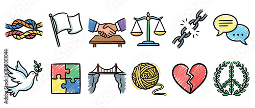 Collection of hand-drawn doodle icons representing conflict resolution, peace, and relationships, featuring a handshake, dove, broken chain, scales of justice, and puzzle in a colorful sketch style