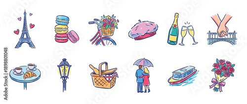 Collection of twelve colorful hand-drawn icons depicting romantic European travel symbols like a landmark, macarons, a couple, champagne, and a bicycle with flowers
