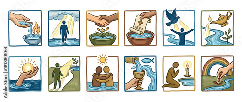 Collection of twelve Christian religious illustrations showing various symbols of faith, baptism, and spirituality like the cross, dove, and chalice in a hand-drawn watercolor style
