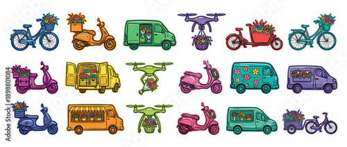 Colorful set of hand-drawn illustrations showing various flower delivery vehicles like vans, scooters, drones, and bicycles carrying beautiful bouquets and arrangements