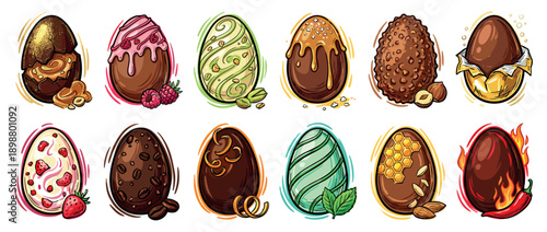 Collection of twelve illustrated chocolate Easter eggs with various delicious flavors like caramel, raspberry, pistachio, hazelnut, strawberry, coffee, orange, mint, honey, and chili
