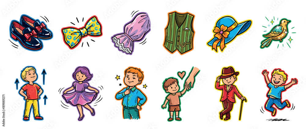 Obraz premium Colorful collection of hand-drawn illustrations featuring children, clothing, and accessories in a vibrant cartoon style, depicting various emotions and activities like dancing and jumping