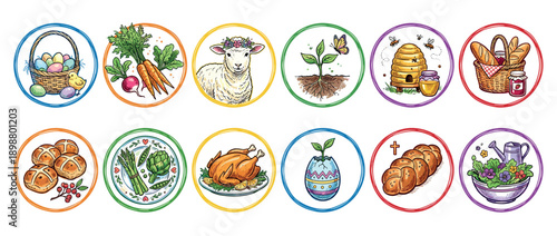 Collection of twelve hand-drawn Easter icons featuring a lamb, eggs, hot cross buns, roasted chicken, and spring symbols for a festive holiday celebration in a colorful sketch style