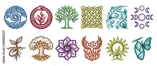 Collection of colorful hand-drawn spiritual symbols representing life, death, rebirth, and eternity, including a phoenix, ouroboros, tree of life, and moon phases