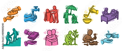 Colorful collection of hand-drawn icons illustrating acts of mercy, charity, and community support, depicting simple figures helping, feeding, comforting, and sheltering others