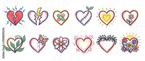 Collection of colorful hand-drawn heart illustrations depicting various emotional stages like heartbreak, healing, and love with flowers, stitches, and sun elements in a doodle style