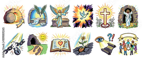 Collection of colorful hand-drawn Christian icons depicting the Easter story, resurrection of Jesus, and various religious symbols of faith, hope, and salvation in a comic style