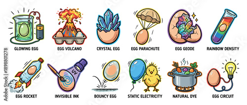 Set of twelve colorful cartoon icons illustrating fun science experiments with eggs for educational school projects, showing a volcano, rocket, crystal geode, and static electricity