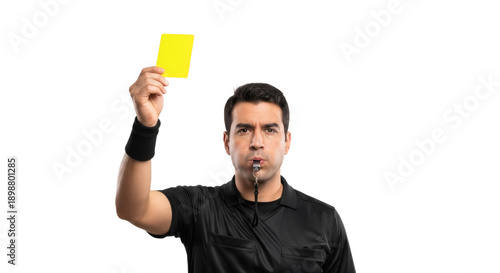 Soccer referee showing yellow card and blowing whistle isolated on transparent background