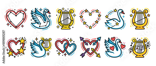 Colorful collection of romantic doodle icons featuring swans, hearts, musical lyres, and stars in a cute cartoon style for Valentine's Day or wedding themes, showing love and music symbols