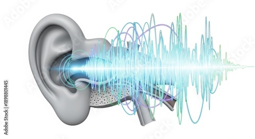 Conceptual 3D Render of Human Ear Anatomy and Auditory Sound Wave Isolated on White Background