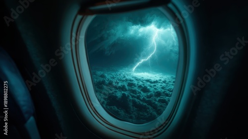 A mesmerizing scene from an airplane window showcasing vivid lightning striking through turbulent clouds, capturing the raw power of nature and its beauty from a unique perspective.