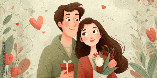 Couple walking hand in hand under blooming cherry blossoms in a serene spring park, enjoying a romantic moment in nature