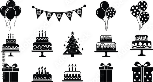 Birthday party celebration icons set, balloons cakes gifts and bunting silhouettes isolated on white background for festive design