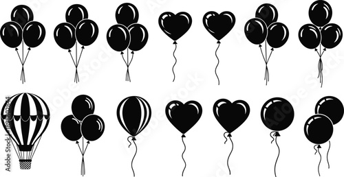 Black balloon silhouettes collection, heart shaped balloons and hot air balloon icons isolated on white background for celebration design