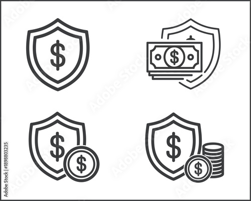 Financial Protection Icons, shield with dollar sign and stacked bills with shield outline for security concept