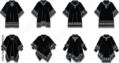 Boho poncho silhouette vector set, ethnic embroidered tunic collection, traditional fringe cape designs, folk fashion illustration