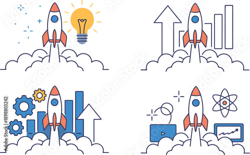 Rocket Launch Illustration, white rocket with orange tip rising from clouds with light bulb and stars for startup design