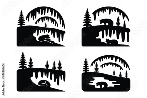Forest Scene Silhouettes with Foxes and Pine Trees, Winter Landscape