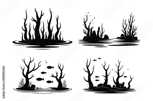 Aquatic Scene Silhouettes with Bare Trees, Rocks, and Fish