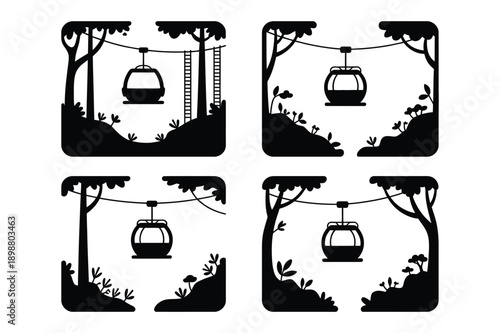 Forest Cable Car Silhouettes in Nature with Trees and Plants