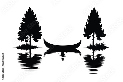 Lone canoe between two silhouetted trees with reflections
