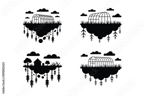 Floating islands with greenhouses and chains, clouds above