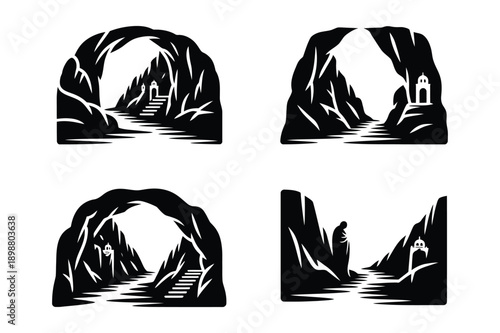 Mysterious cave entrances with stairs and distant structures