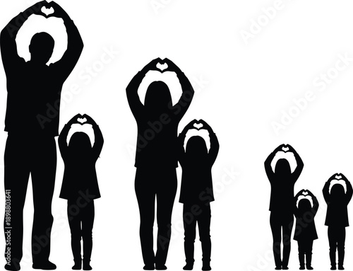 Family love silhouettes set, parents and children making heart shape gesture, black vector illustration isolated on white background