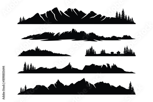 Diverse mountain range silhouettes with forests and villages