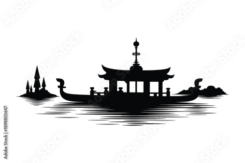 Traditional Asian boat with pagoda architecture on water