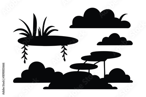 Surreal floating islands with plants and clouds, abstract