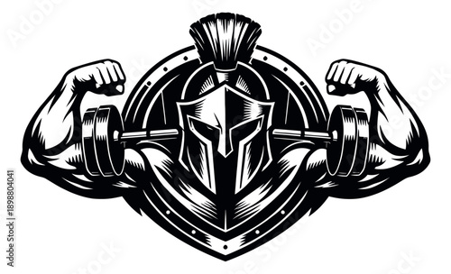 Bold graphic illustration of a spartan helmet and flexing arms depicting strength and fitness for gym branding
