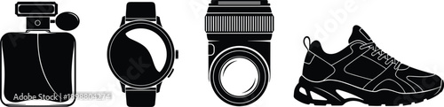 Fashion accessories silhouette vector set, perfume watch camera sneaker icons, lifestyle products collection, black illustration