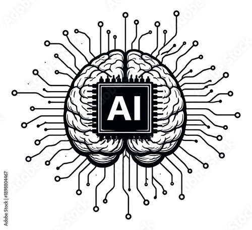Line art illustration of a human brain with an AI chip depicting artificial intelligence for technological innovation