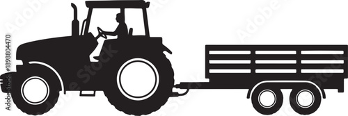 Black silhouette of tractor pulling trailer with driver also transparent background