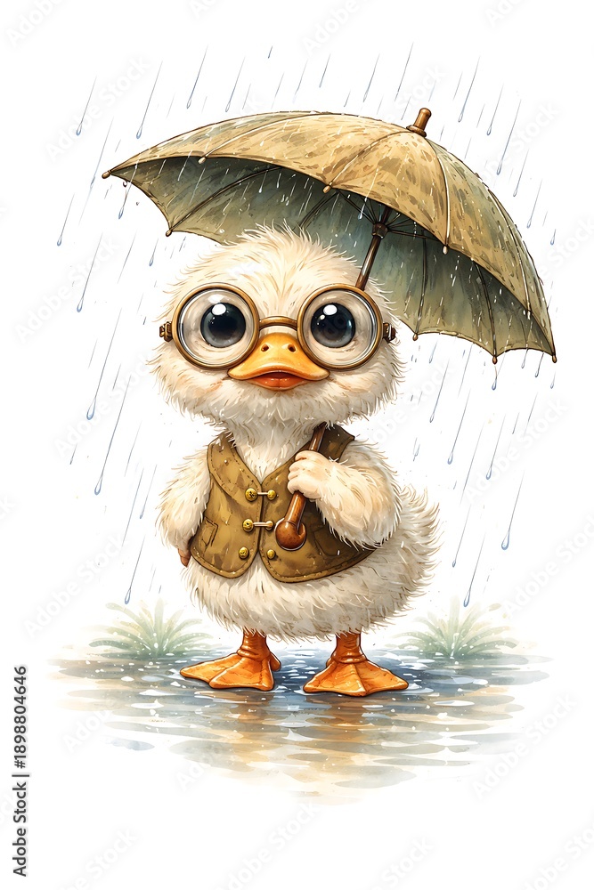 Obraz premium Cute Duckling in Rain with Umbrella, Wearing Glasses and Vest