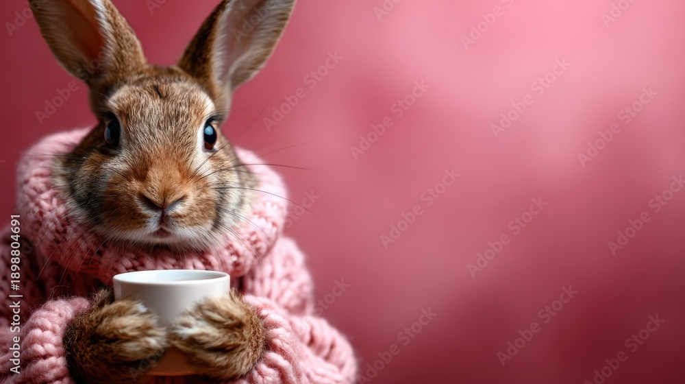 Obraz premium A cute rabbit wearing a warm pink sweater holds a small cup, evoking feelings of comfort, cuteness, and coziness, making it a perfect representation of warmth and adorable charm.