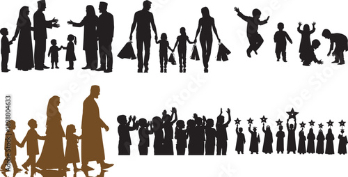 Silhouette portraits of Muslim families and children during Eid celebrations, showing love, gifting, and prayer.