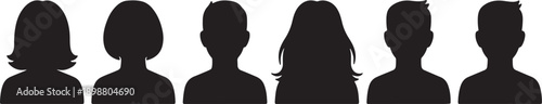 Six black silhouettes of people with different hairstyles also transparent background white background