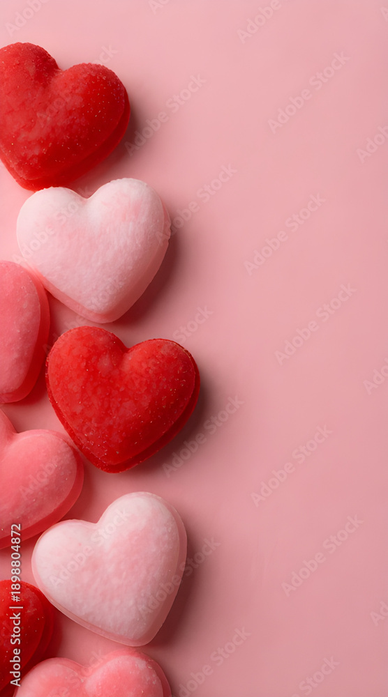 Fototapeta premium Close-up, flat lay Valentine's Day themed background with felt heart-shaped candies in soft pink texture