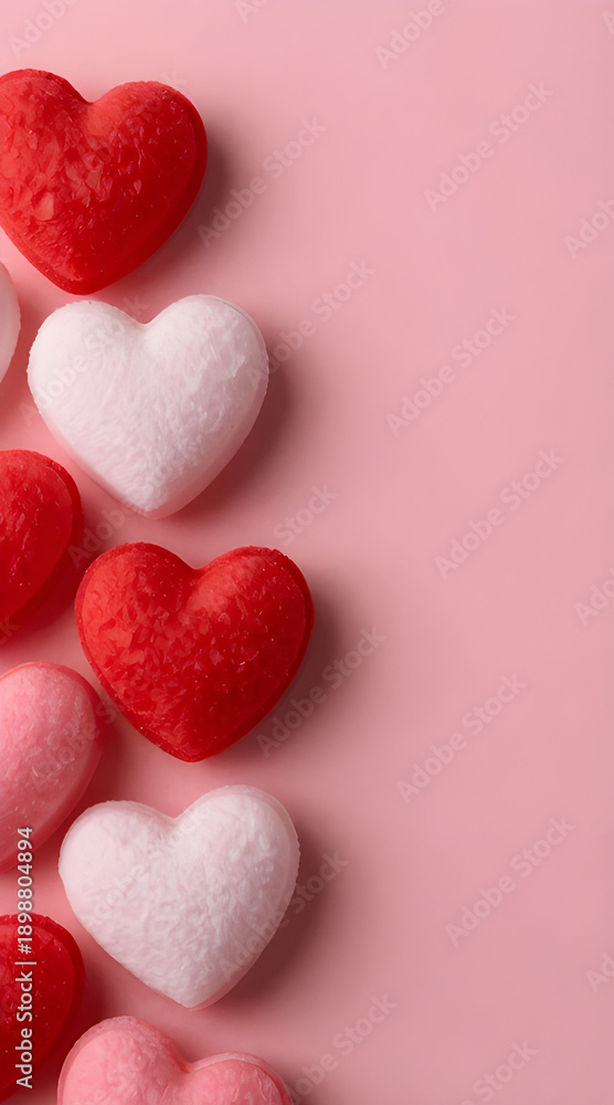 Fototapeta premium A minimalist Valentine's Day background featuring scattered red and white heart-shaped felt candies on a soft pastel pink surface.