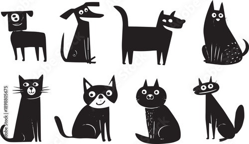 Set of eight black cat and dog silhouettes vector icons isolated on white background for pet lovers design
