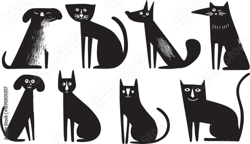Black cat silhouette vector set for Halloween and witchcraft design elements with moon and alphabet letters
